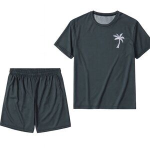 Tropical Vibes: Dark Green Palm Tree T-Shirt & Shorts Set (XS)